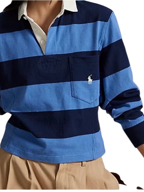 Ralph Lauren Polo Navy & Light Blue Striped Cropped Rugby Shirt S NWT - Picture 2 of 7